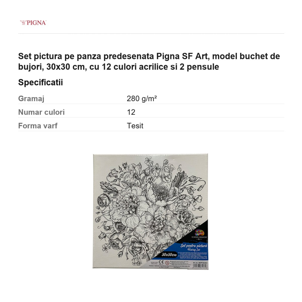 Set pictura pe panza predesenata Pigna SF Art, model buchet de bujori, 30x30 cm, cu 12 culori acrilice si 2 pensule [3]