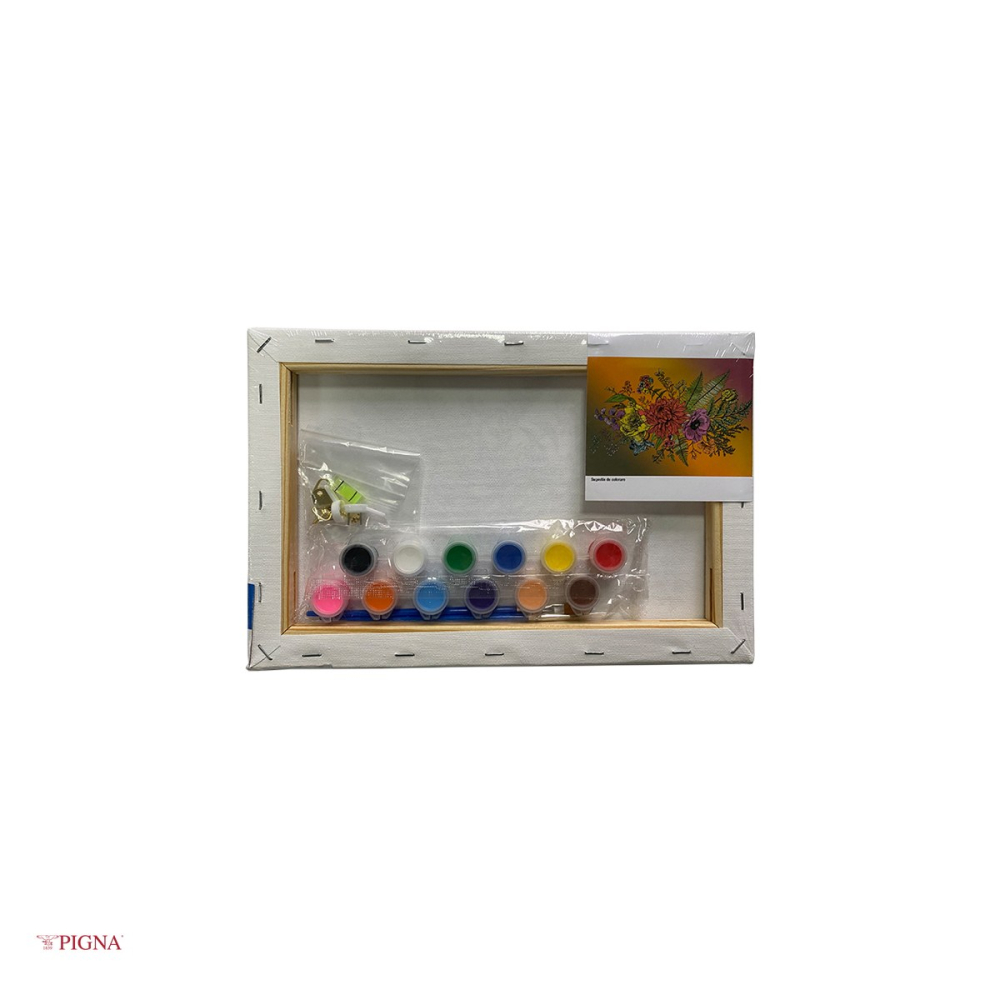 Set pictura pe panza predesenata Pigna SF Art, model buchet de flori cu ferigi, 20x30 cm, cu 12 culori acrilice si 2 pensule [4]