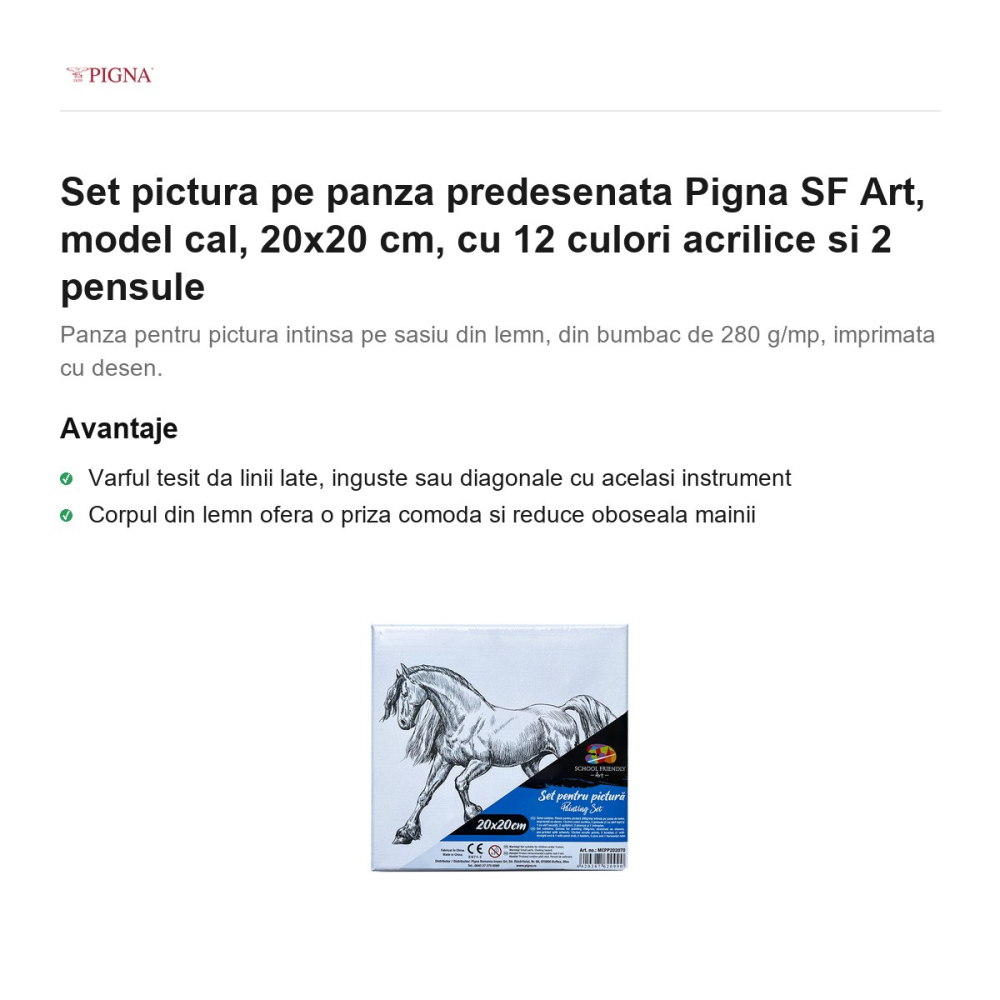 Set pictura pe panza predesenata Pigna SF Art, model cal, 20x20 cm, cu 12 culori acrilice si 2 pensule [2]