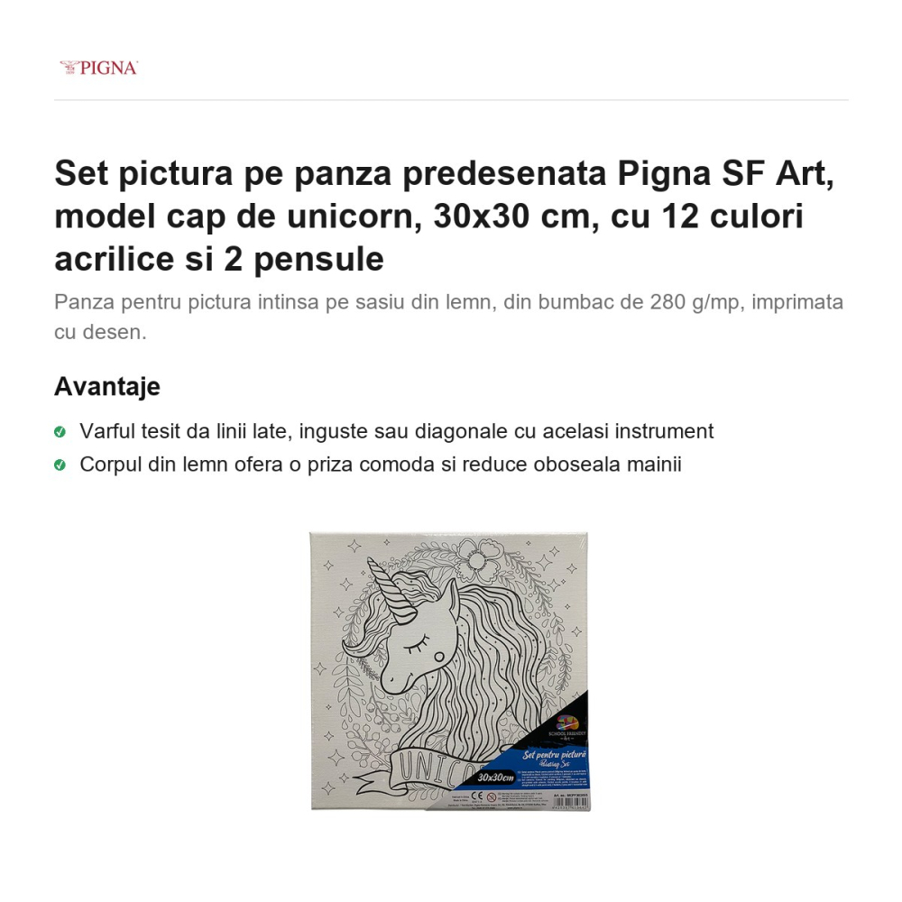 Set pictura pe panza predesenata Pigna SF Art, model cap de unicorn, 30x30 cm, cu 12 culori acrilice si 2 pensule [2]