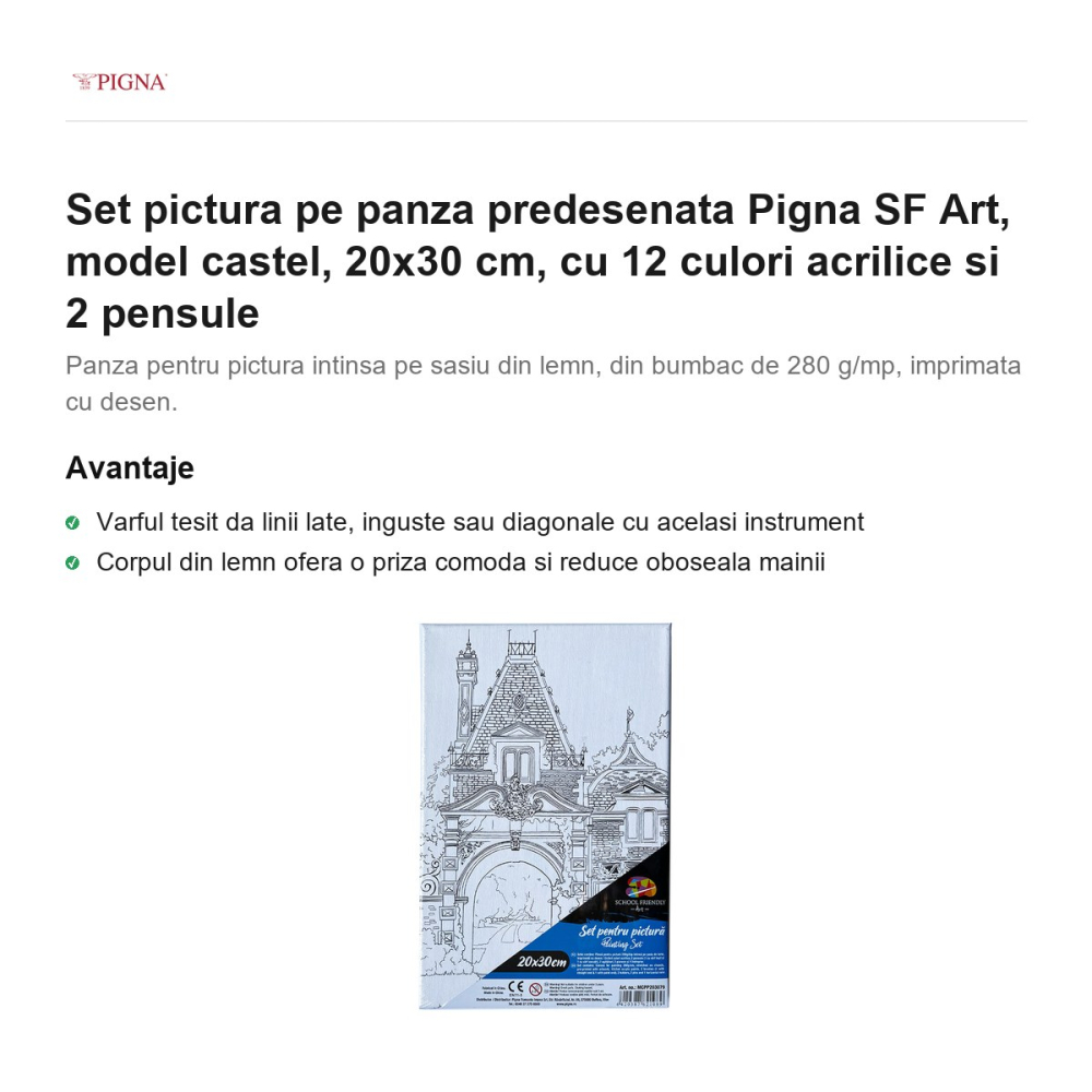 Set pictura pe panza predesenata Pigna SF Art, model castel, 20x30 cm, cu 12 culori acrilice si 2 pensule [2]