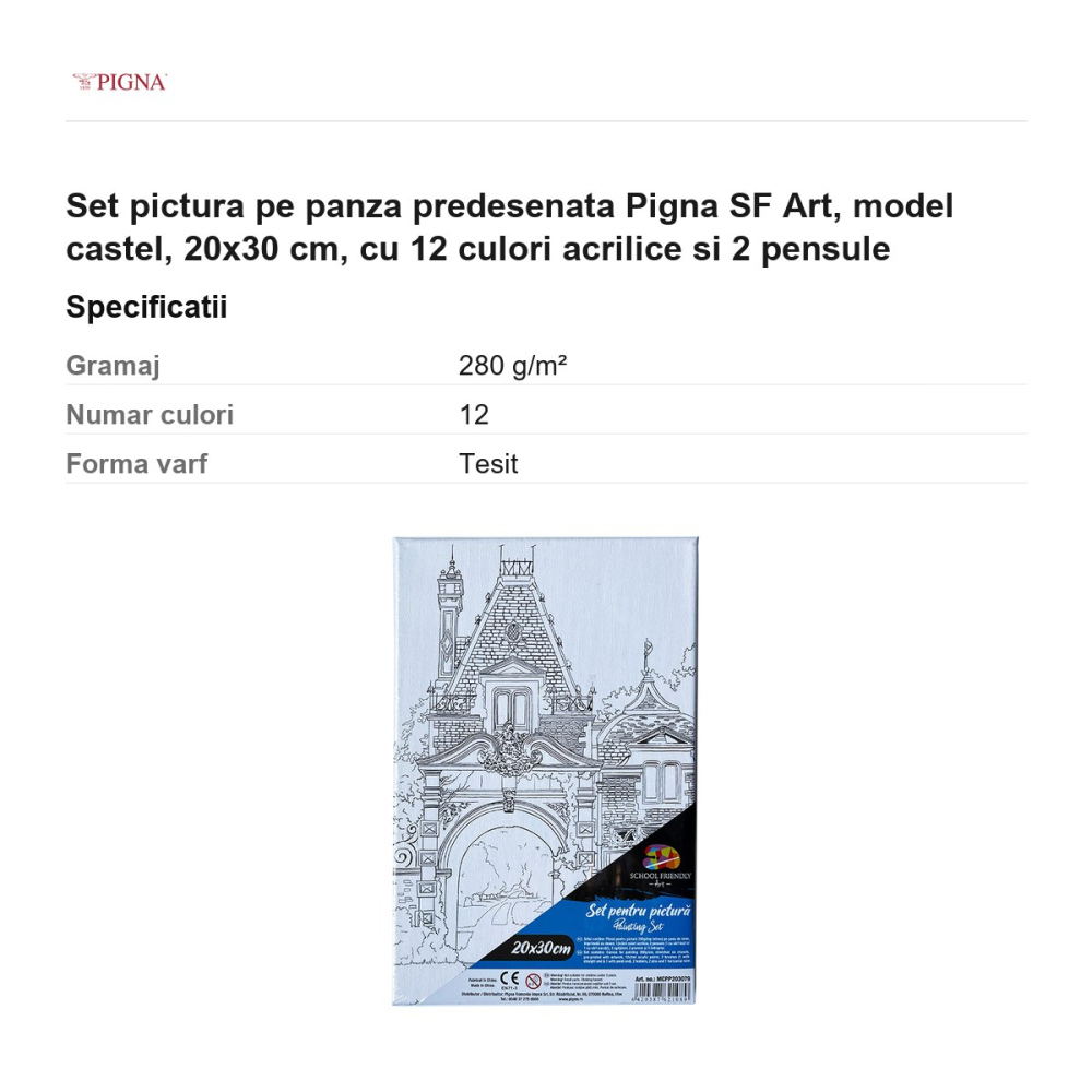 Set pictura pe panza predesenata Pigna SF Art, model castel, 20x30 cm, cu 12 culori acrilice si 2 pensule [3]