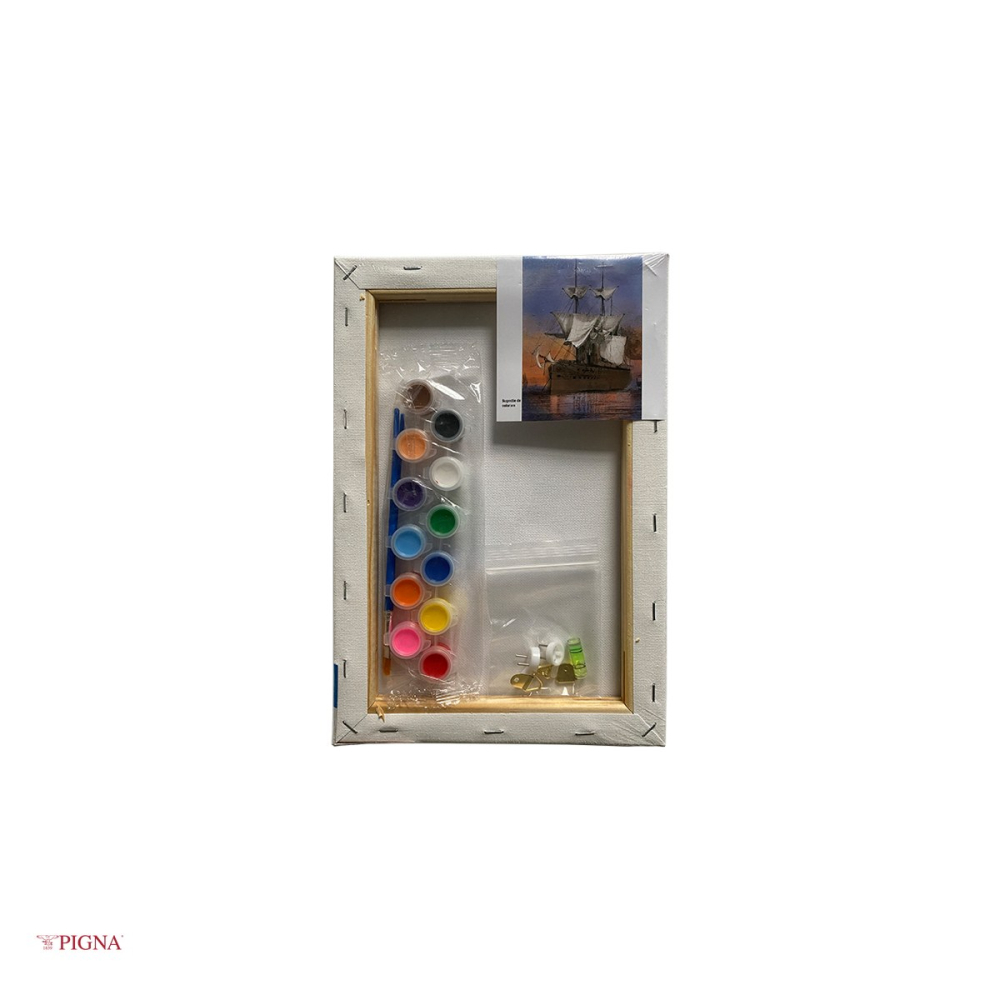 Set pictura pe panza predesenata Pigna SF Art, model corabie, 20x30 cm, cu 12 culori acrilice si 2 pensule [4]