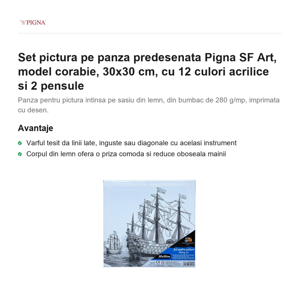 Set pictura pe panza predesenata Pigna SF Art, model corabie, 30x30 cm, cu 12 culori acrilice si 2 pensule [2]