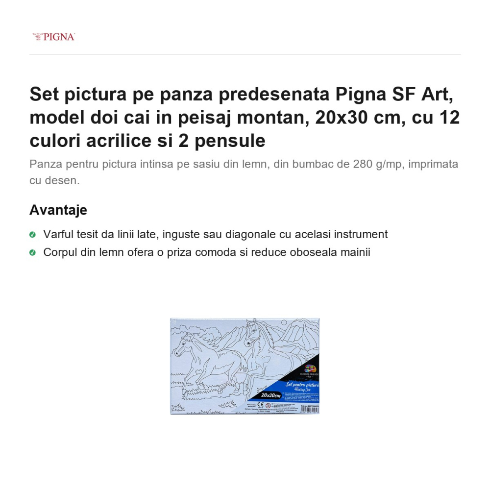 Set pictura pe panza predesenata Pigna SF Art, model doi cai in peisaj montan, 20x30 cm, cu 12 culori acrilice si 2 pensule [2]
