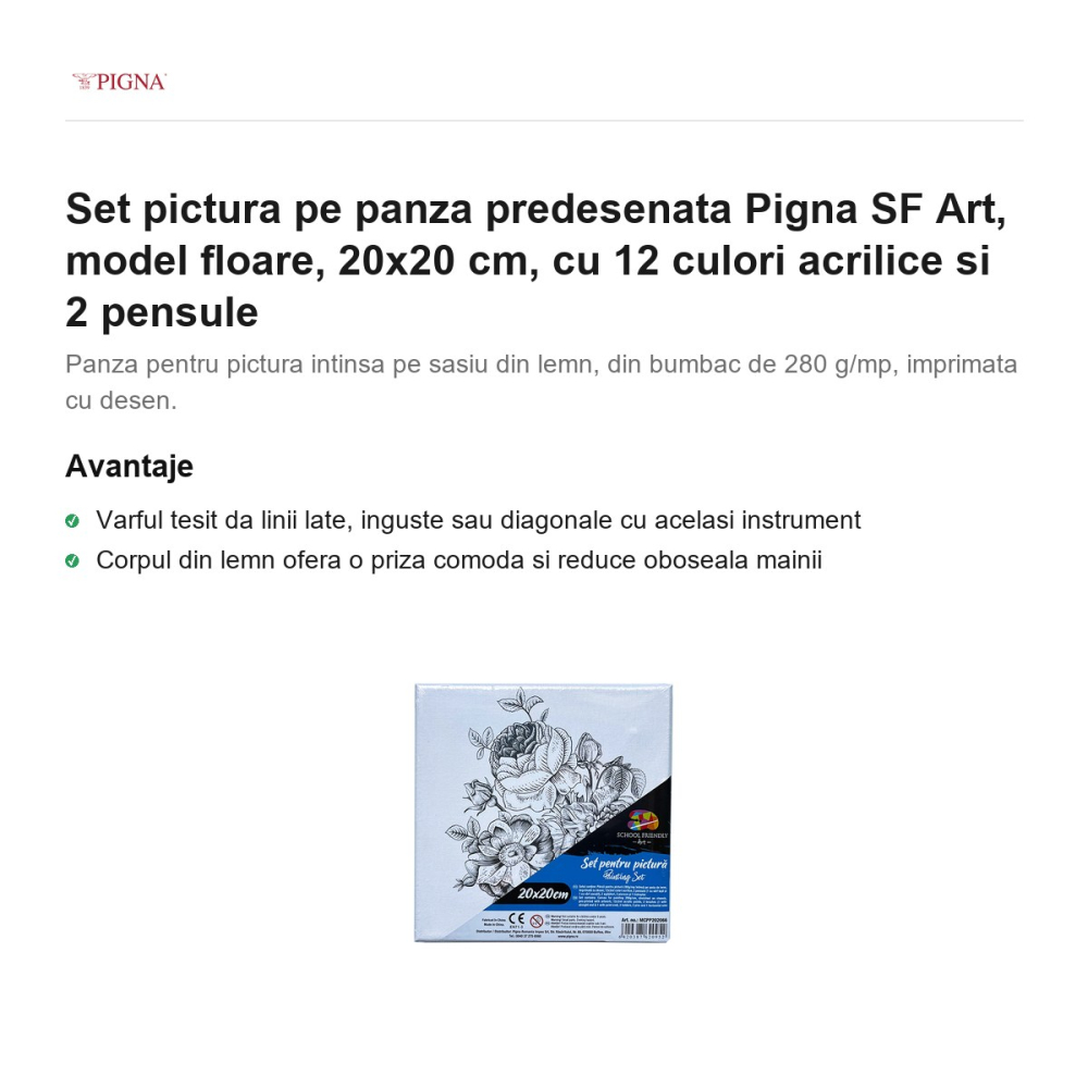 Set pictura pe panza predesenata Pigna SF Art, model floare, 20x20 cm, cu 12 culori acrilice si 2 pensule [2]