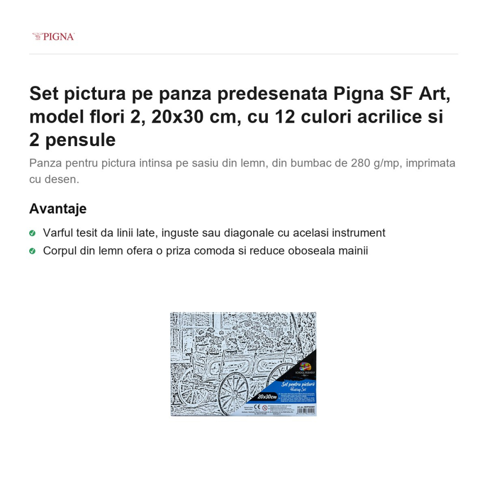 Set pictura pe panza predesenata Pigna SF Art, model flori 2, 20x30 cm, cu 12 culori acrilice si 2 pensule [2]