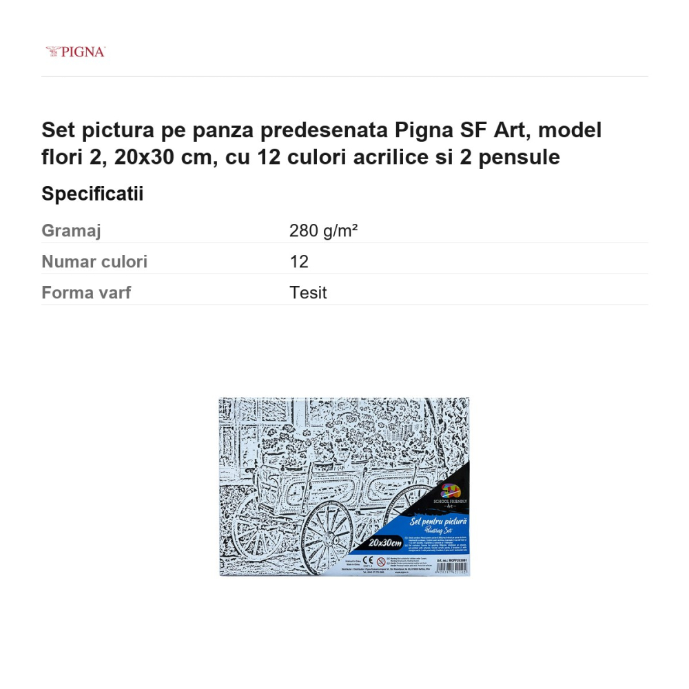 Set pictura pe panza predesenata Pigna SF Art, model flori 2, 20x30 cm, cu 12 culori acrilice si 2 pensule [3]