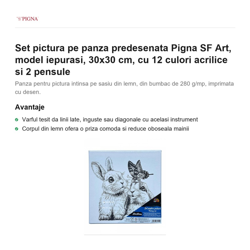 Set pictura pe panza predesenata Pigna SF Art, model iepurasi, 30x30 cm, cu 12 culori acrilice si 2 pensule [2]