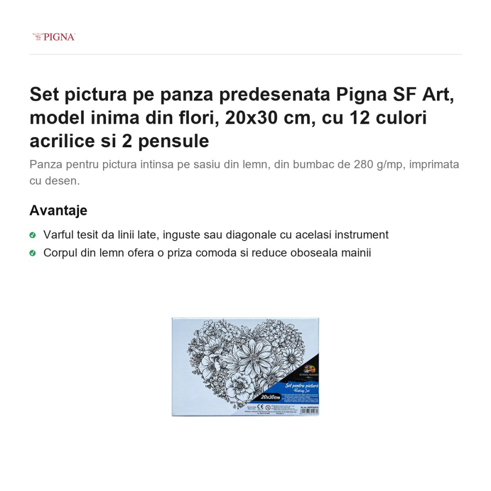 Set pictura pe panza predesenata Pigna SF Art, model inima din flori, 20x30 cm, cu 12 culori acrilice si 2 pensule [2]