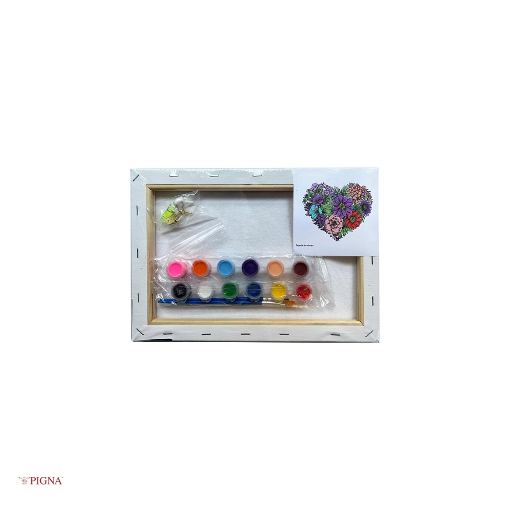 Set pictura pe panza predesenata Pigna SF Art, model inima din flori, 20x30 cm, cu 12 culori acrilice si 2 pensule [4]