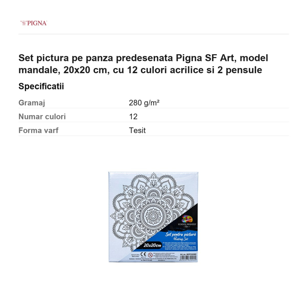Set pictura pe panza predesenata Pigna SF Art, model mandale, 20x20 cm, cu 12 culori acrilice si 2 pensule [3]