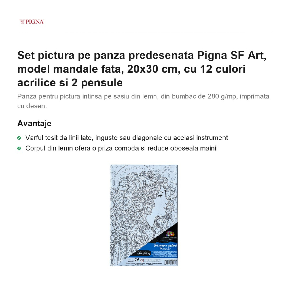 Set pictura pe panza predesenata Pigna SF Art, model mandale fata, 20x30 cm, cu 12 culori acrilice si 2 pensule [2]