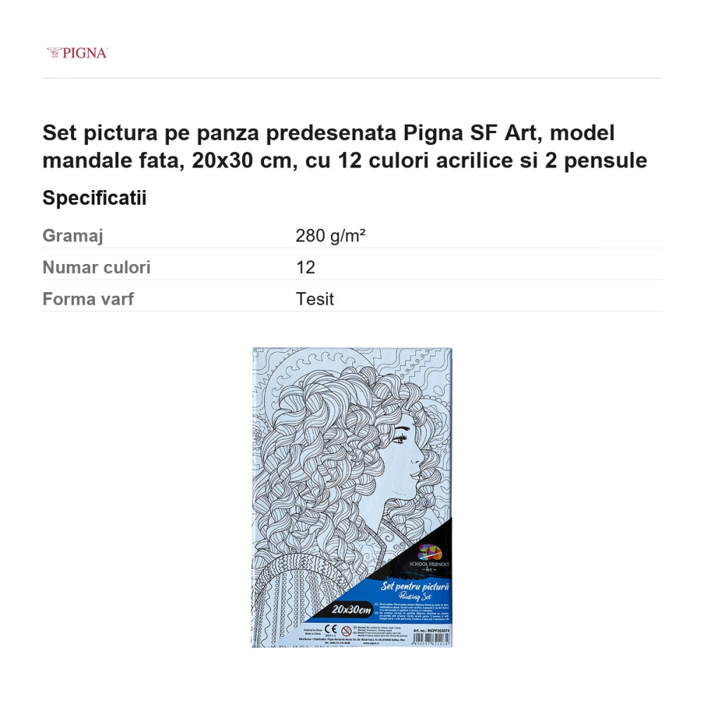 Set pictura pe panza predesenata Pigna SF Art, model mandale fata, 20x30 cm, cu 12 culori acrilice si 2 pensule [3]