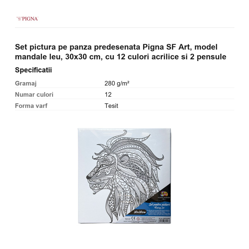 Set pictura pe panza predesenata Pigna SF Art, model mandale leu, 30x30 cm, cu 12 culori acrilice si 2 pensule [3]