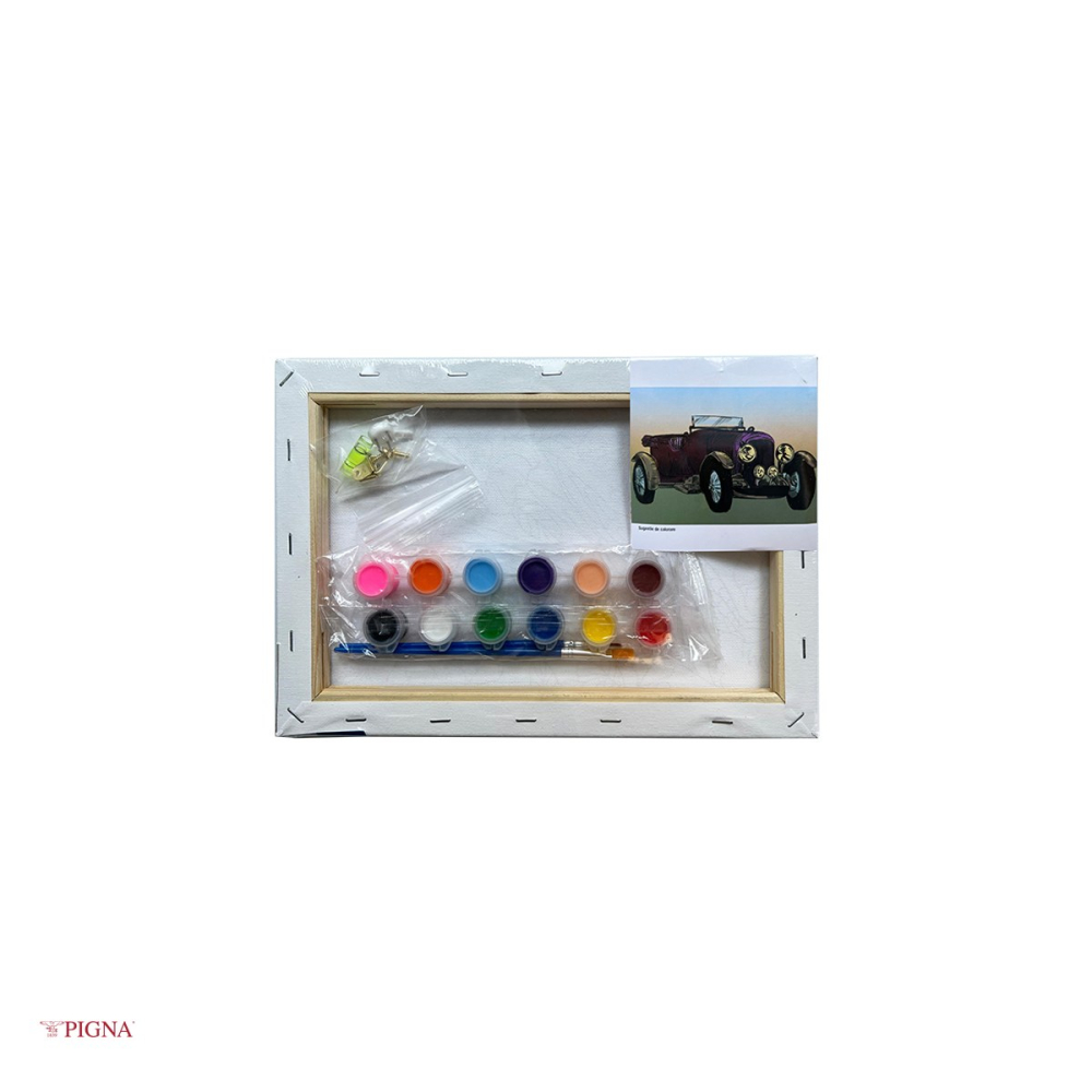 Set pictura pe panza predesenata Pigna SF Art, model masina, 20x30 cm, cu 12 culori acrilice si 2 pensule [4]