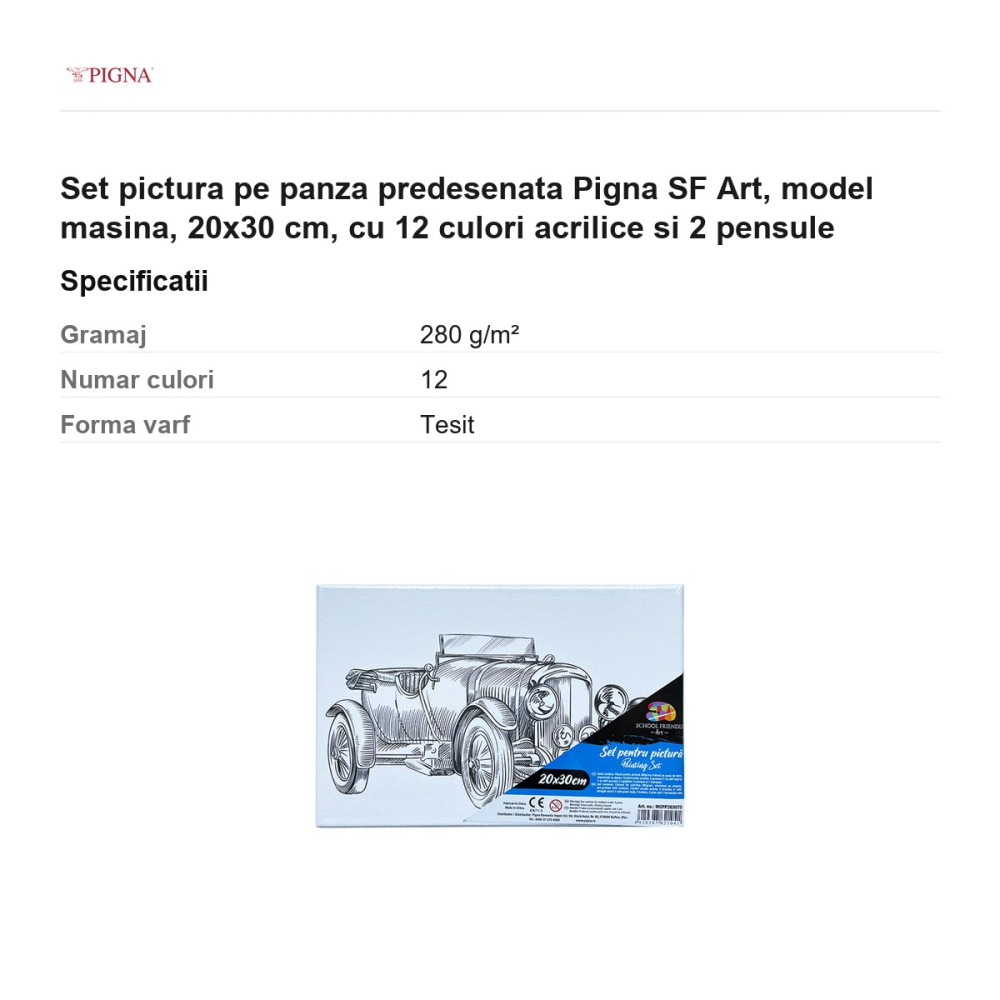 Set pictura pe panza predesenata Pigna SF Art, model masina, 20x30 cm, cu 12 culori acrilice si 2 pensule [3]