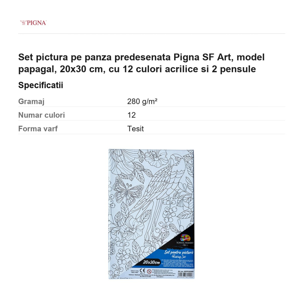 Set pictura pe panza predesenata Pigna SF Art, model papagal, 20x30 cm, cu 12 culori acrilice si 2 pensule [3]