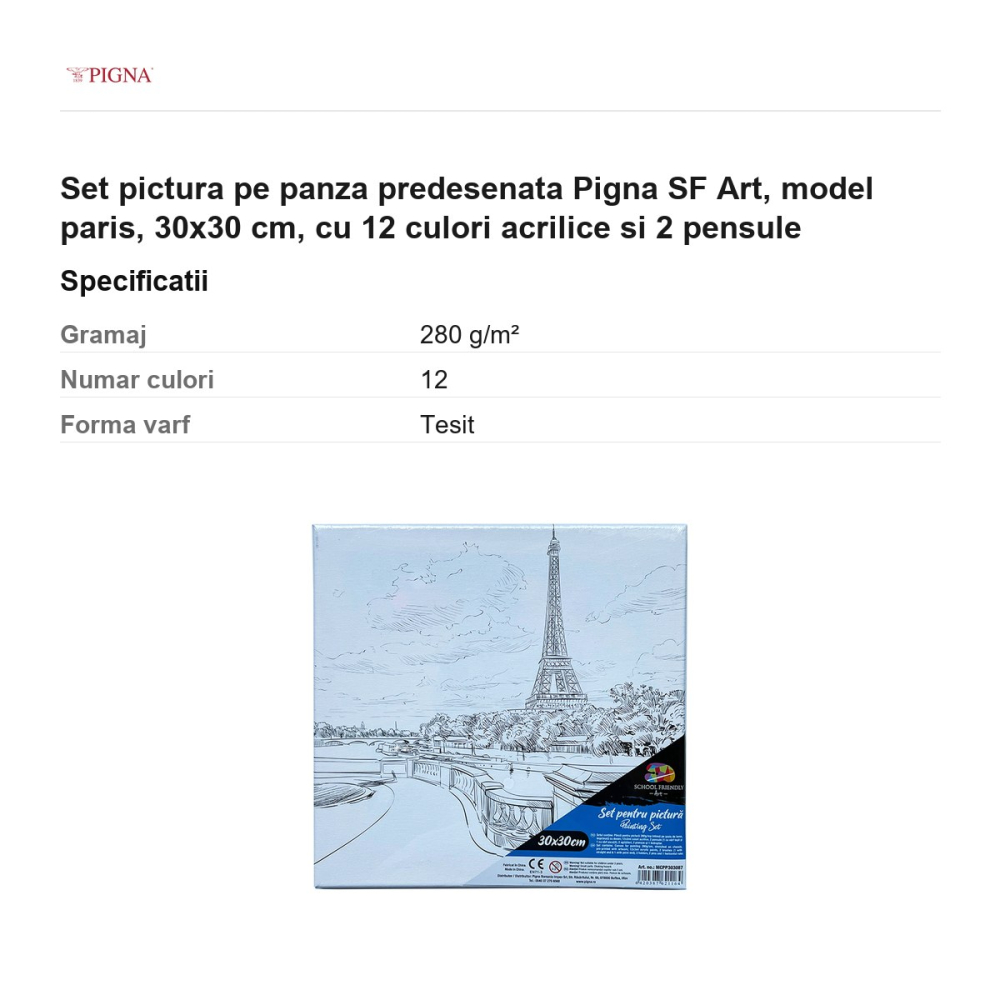 Set pictura pe panza predesenata Pigna SF Art, model paris, 30x30 cm, cu 12 culori acrilice si 2 pensule [3]