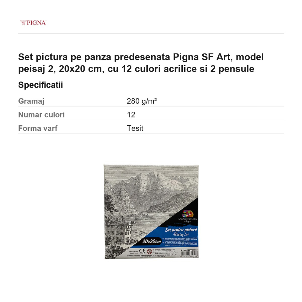 Set pictura pe panza predesenata Pigna SF Art, model peisaj 2, 20x20 cm, cu 12 culori acrilice si 2 pensule [3]