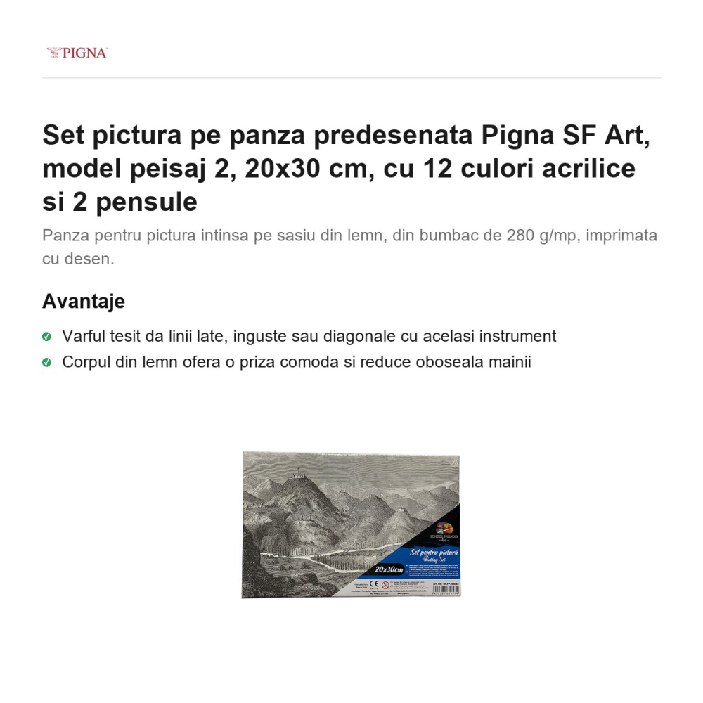 Set pictura pe panza predesenata Pigna SF Art, model peisaj 2, 20x30 cm, cu 12 culori acrilice si 2 pensule [2]