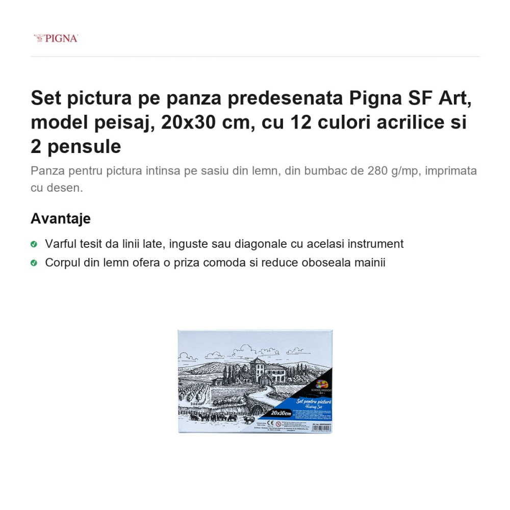 Set pictura pe panza predesenata Pigna SF Art, model peisaj, 20x30 cm, cu 12 culori acrilice si 2 pensule [2]
