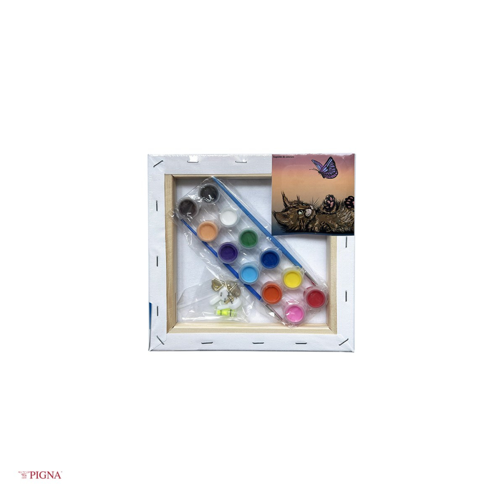 Set pictura pe panza predesenata Pigna SF Art, model pisica, 20x20 cm, cu 12 culori acrilice si 2 pensule [4]