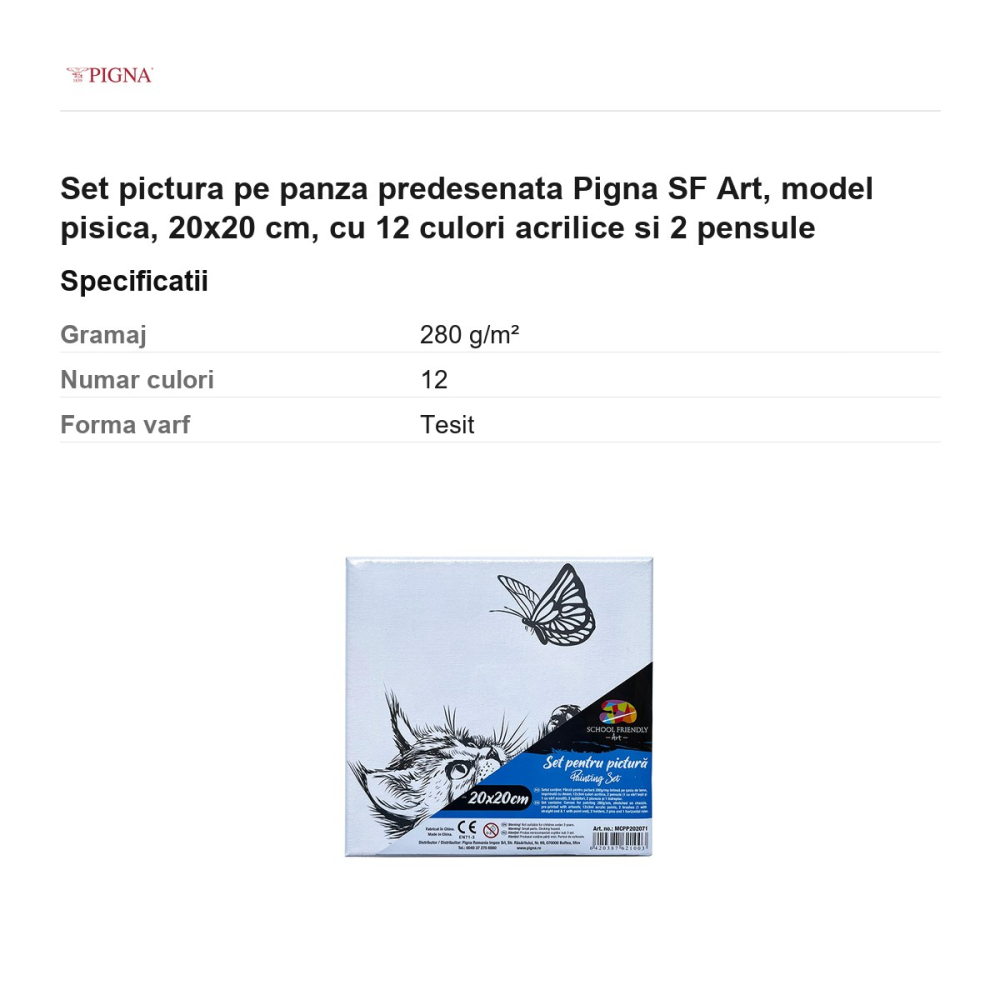 Set pictura pe panza predesenata Pigna SF Art, model pisica, 20x20 cm, cu 12 culori acrilice si 2 pensule [3]