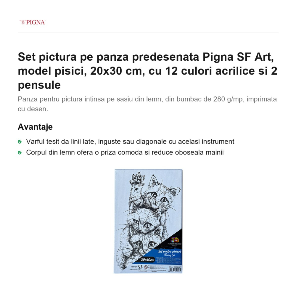 Set pictura pe panza predesenata Pigna SF Art, model pisici, 20x30 cm, cu 12 culori acrilice si 2 pensule [2]
