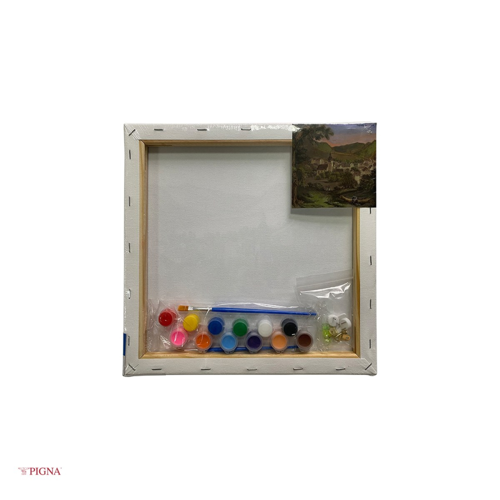 Set pictura pe panza predesenata Pigna SF Art, model sat cu biserica, 30x30 cm, cu 12 culori acrilice si 2 pensule [4]