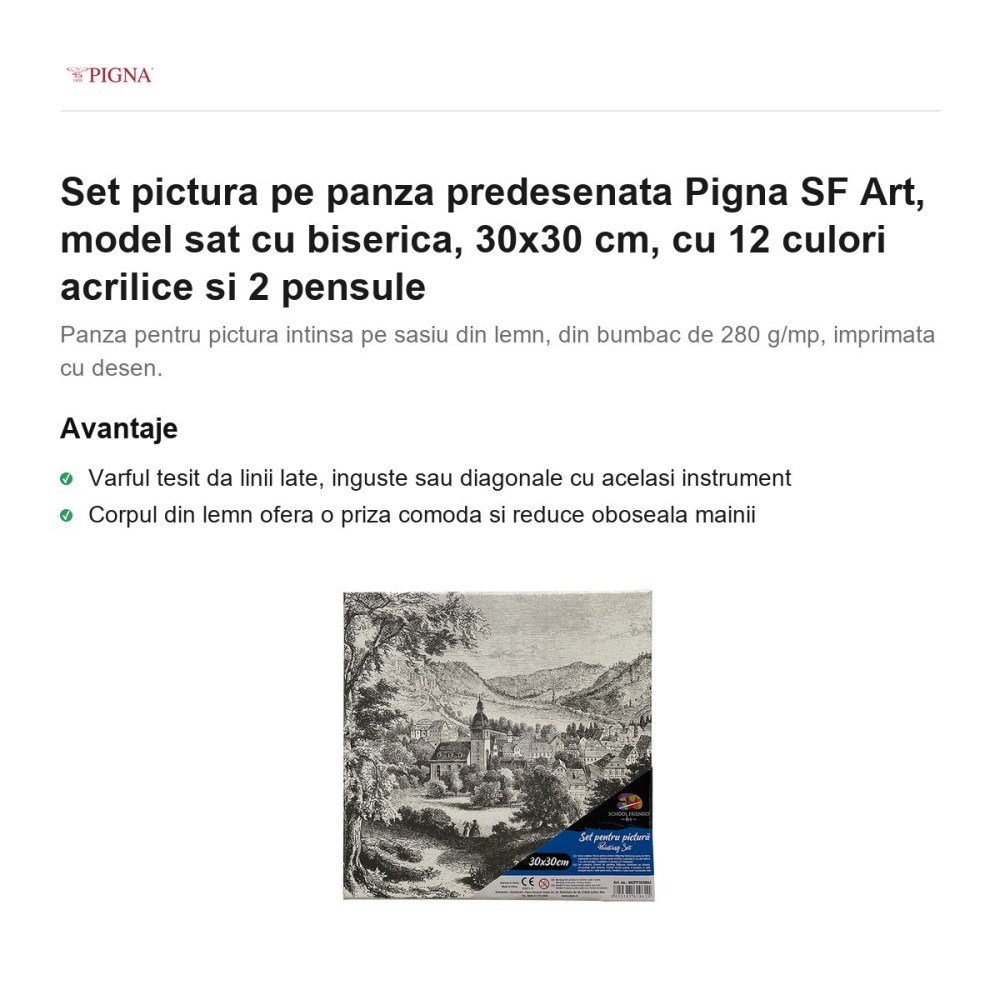 Set pictura pe panza predesenata Pigna SF Art, model sat cu biserica, 30x30 cm, cu 12 culori acrilice si 2 pensule [2]