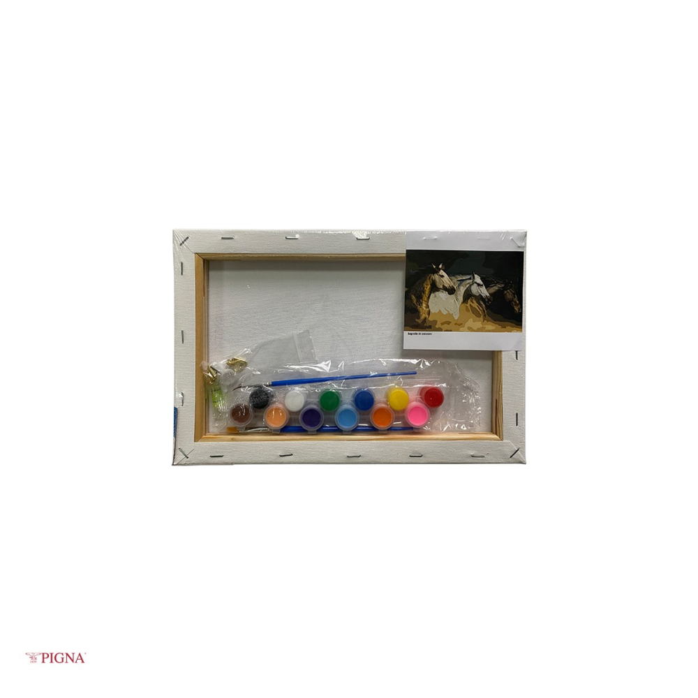 Set pictura pe panza predesenata Pigna SF Art, model trei cai la galop, 20x30 cm, cu 12 culori acrilice si 2 pensule [4]