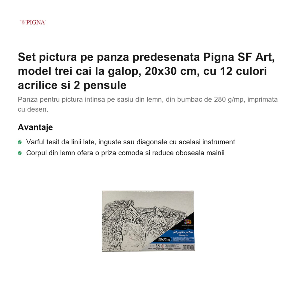 Set pictura pe panza predesenata Pigna SF Art, model trei cai la galop, 20x30 cm, cu 12 culori acrilice si 2 pensule [2]