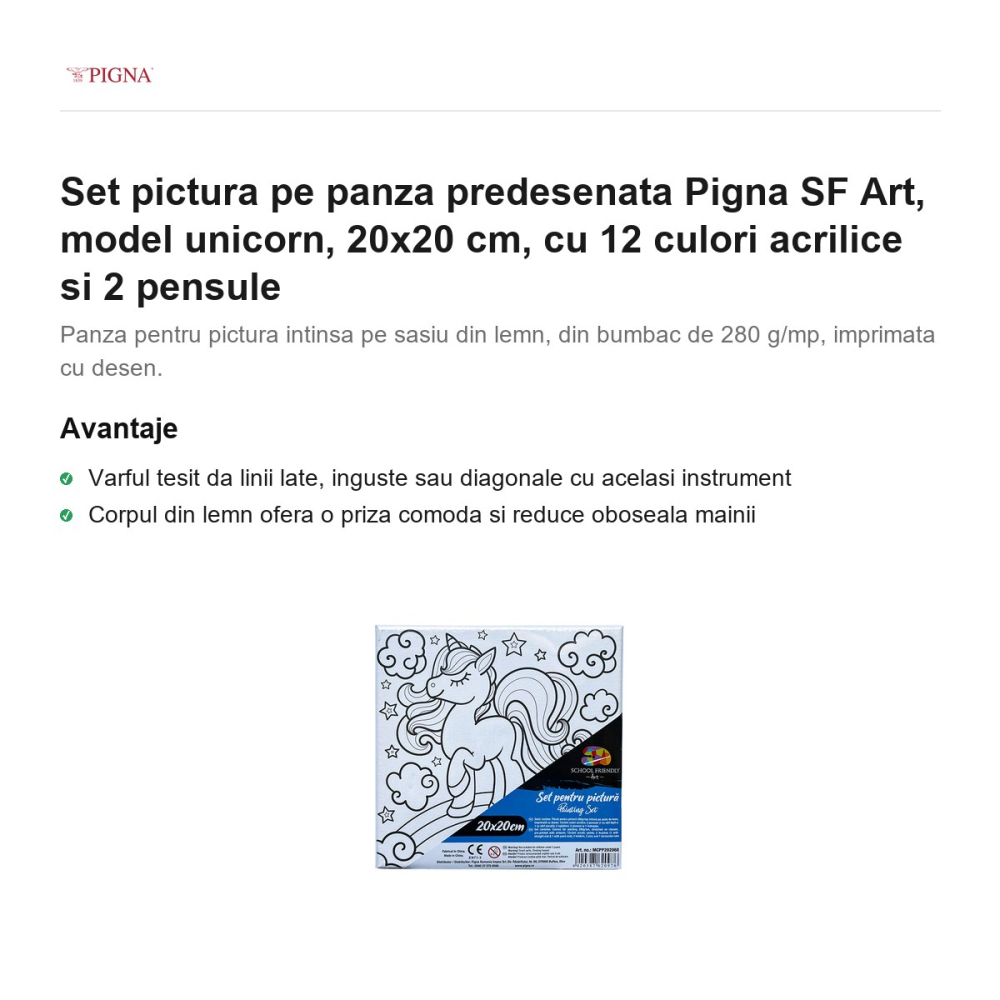 Set pictura pe panza predesenata Pigna SF Art, model unicorn, 20x20 cm, cu 12 culori acrilice si 2 pensule [2]