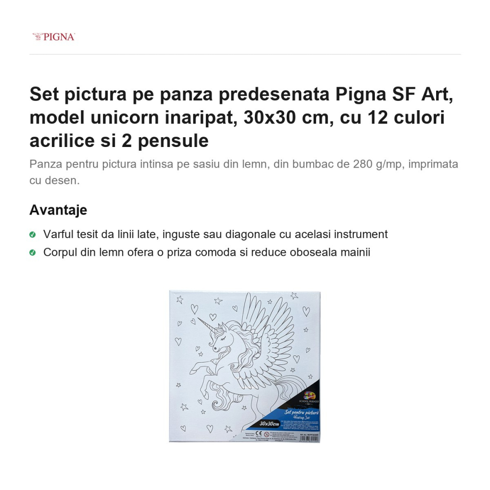 Set pictura pe panza predesenata Pigna SF Art, model unicorn inaripat, 30x30 cm, cu 12 culori acrilice si 2 pensule [2]