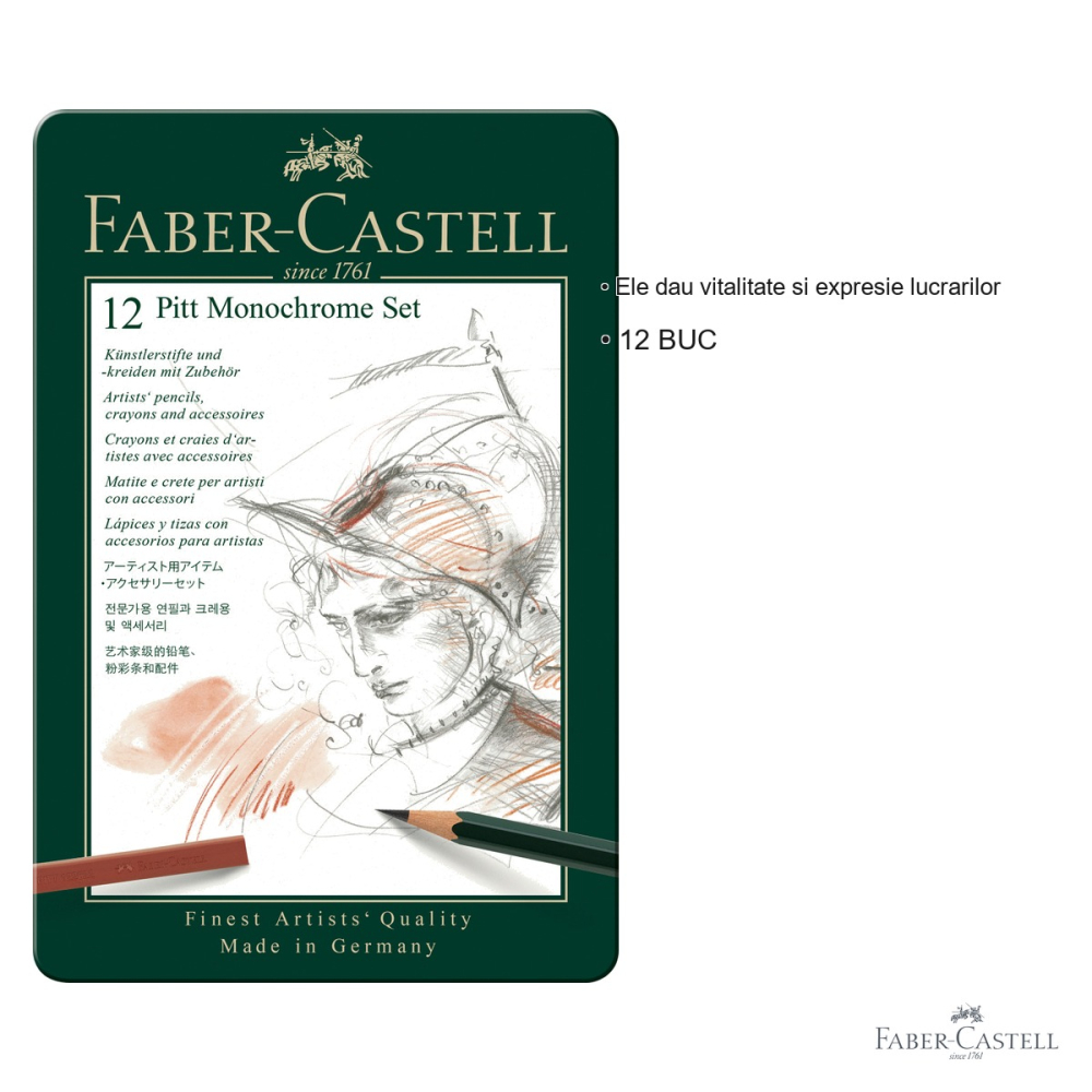 Set Pitt Monochrome 12 piese Faber-Castell, creioane grafit, carbune si pastel, pentru desen artistic [3]