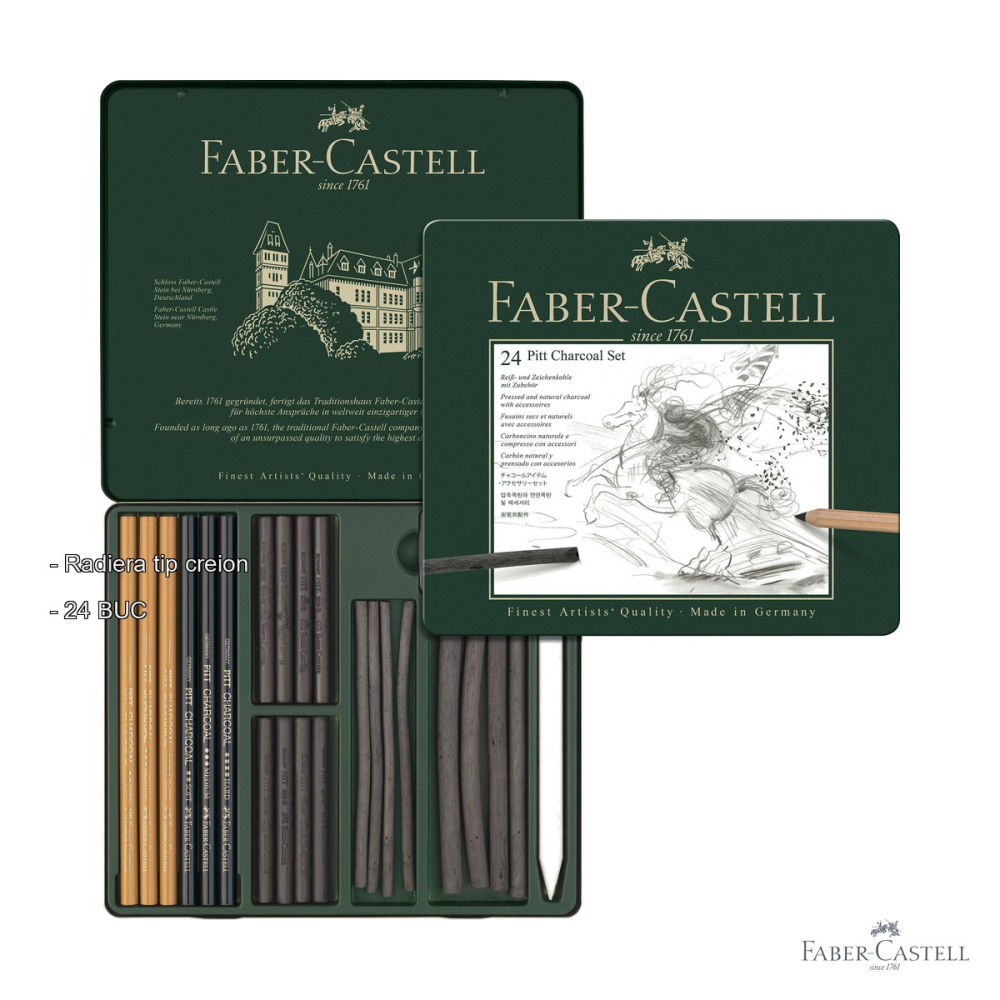 Set Pitt Monochrome carbune 24 bucati Faber-Castell, creioane si carbune natural si presat, pentru desen artistic [2]
