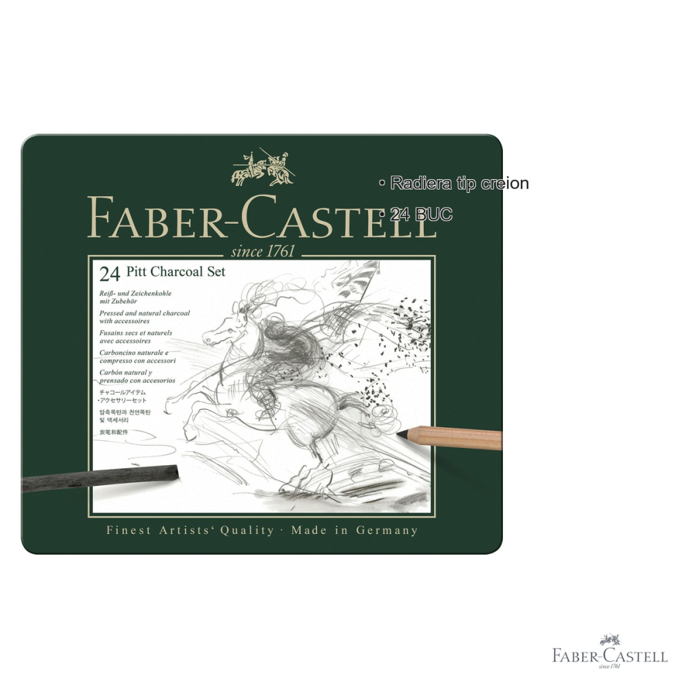 Set Pitt Monochrome carbune 24 bucati Faber-Castell, creioane si carbune natural si presat, pentru desen artistic [3]