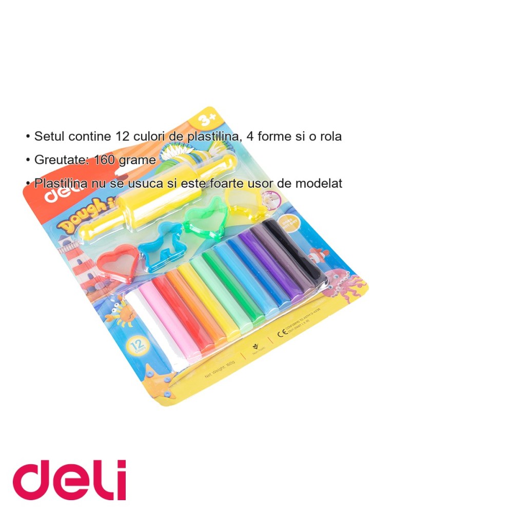 Set plastilina 12 culori Deli, 160g cu forme de modelaj, pentru copii [3]