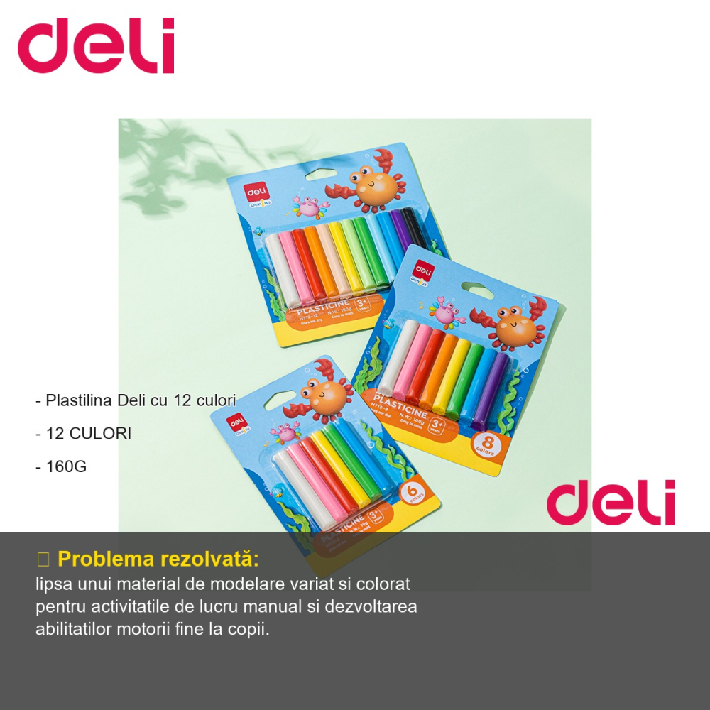 Set plastilina Deli, 12 culori, 160g, pentru modelaj creativ si dezvoltarea abilitatilor motorii la copii [2]