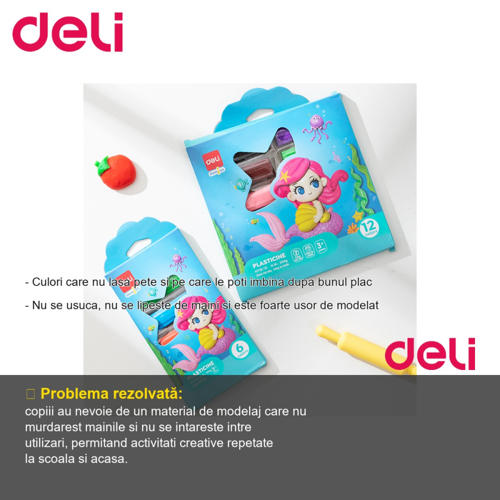 Set plastilina Deli, 12 culori, 240g, cutie carton, pentru modelaj creativ la scoala si acasa [2]