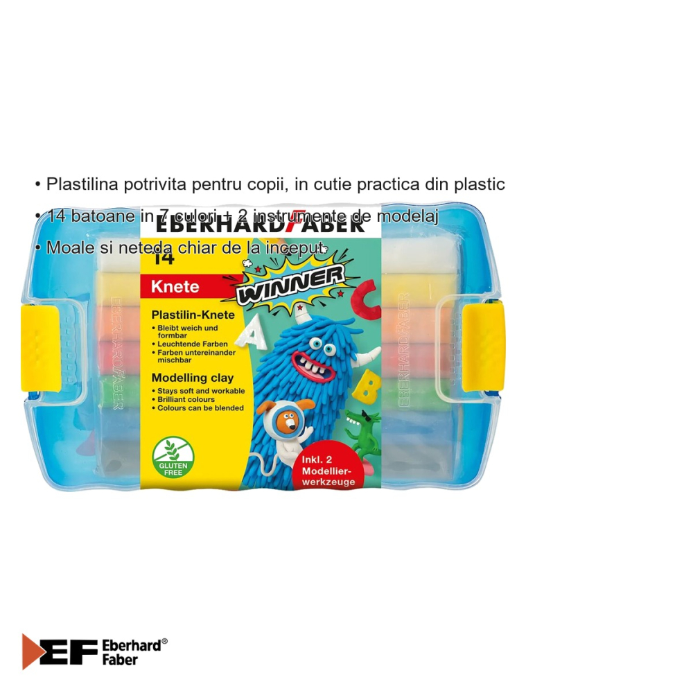 Set plastilina Eberhard Faber, 14 batoane in 7 culori cu 2 instrumente de modelaj, cutie plastic, pentru copii [3]