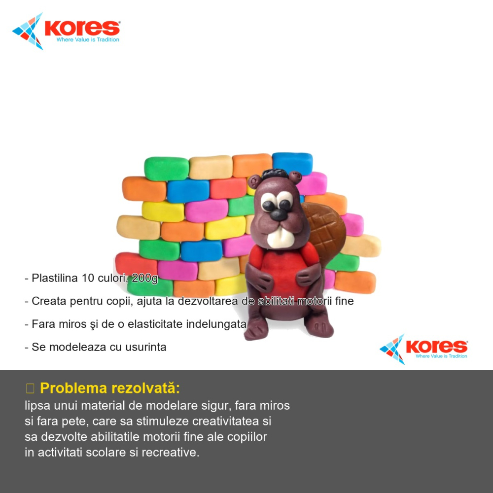 Set plastilina Kores, 10 culori, 200g, fara miros, pentru modelaj creativ la copii [2]