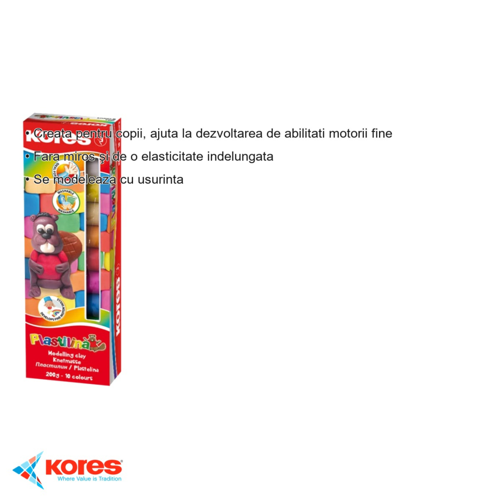 Set plastilina Kores, 10 culori, 200g, fara miros, pentru modelaj creativ la copii [3]