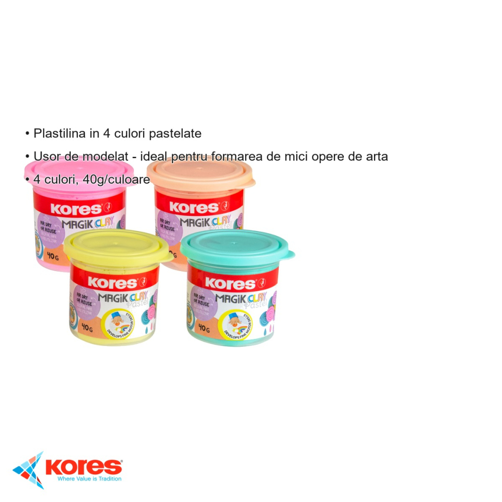 Set plastilina modelaj Kores, 4 culori pastel, 40g/culoare, inodora, pentru copii [3]