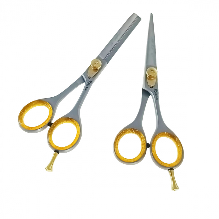 Set profesional frizerie cu 2 foarfeci pentru tuns si filat, V24 00260, cu geanta transport, argintiu cu auriu [2]