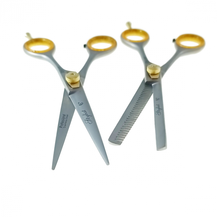 Set profesional frizerie cu 2 foarfeci pentru tuns si filat, V24 00260, cu geanta transport, argintiu cu auriu [3]