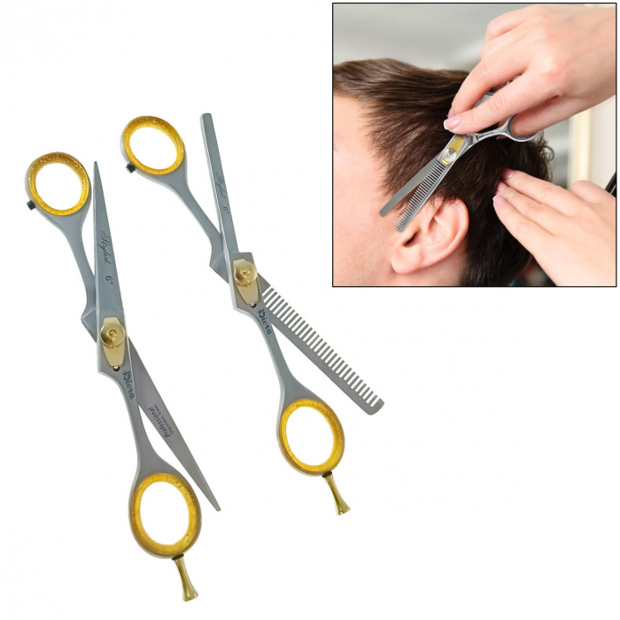 Set profesional frizerie cu 2 foarfeci pentru tuns si filat, V24 00260, cu geanta transport, argintiu cu auriu [4]