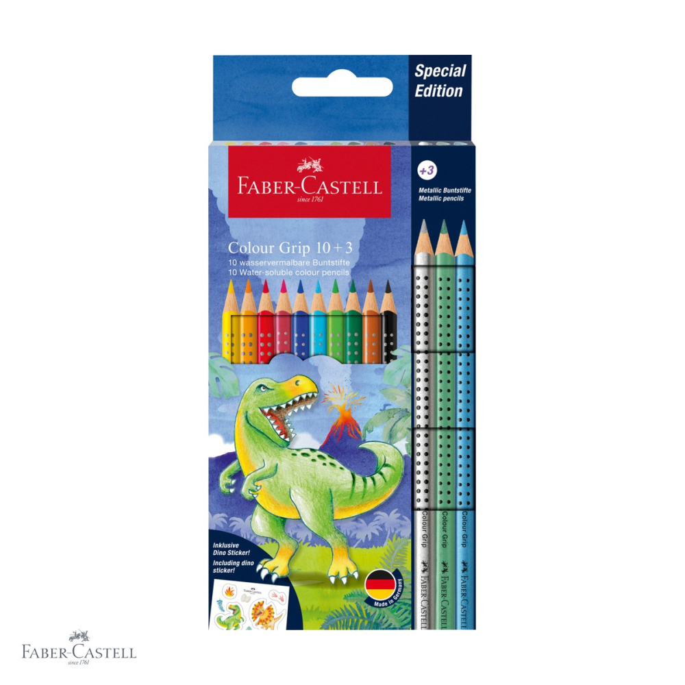Set promo creioane colorate Faber-Castell Color Grip 2001 Dinozauri, 10+3 culori, forma ergonomica triunghiulara, pentru copii [1]