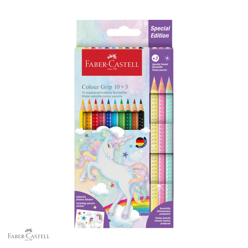 Set promo creioane colorate Faber-Castell Grip 2001, 10+3 culori unicorni, forma triunghiulara ergonomica, pentru copii [1]